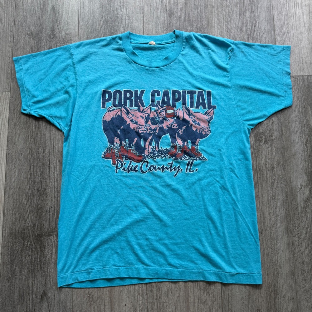 Vtg 80s Pork Capital Pike County IL T-Shirt Mens M Teal Pigs Graphic Humor